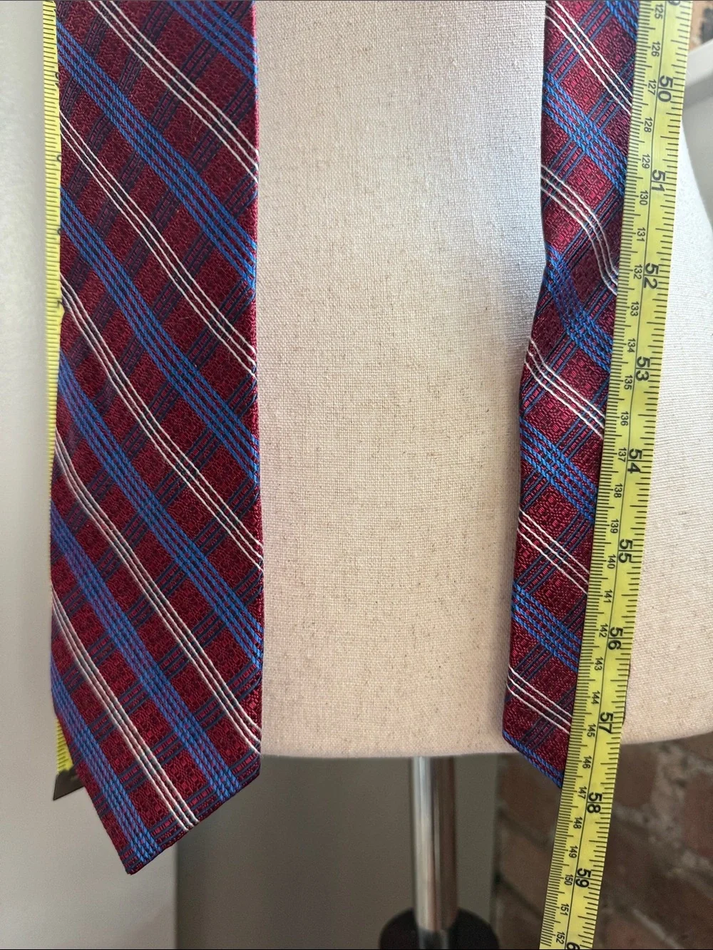Jos. A. Bank Red Plaid Silk Necktie with Blue and White Stripes